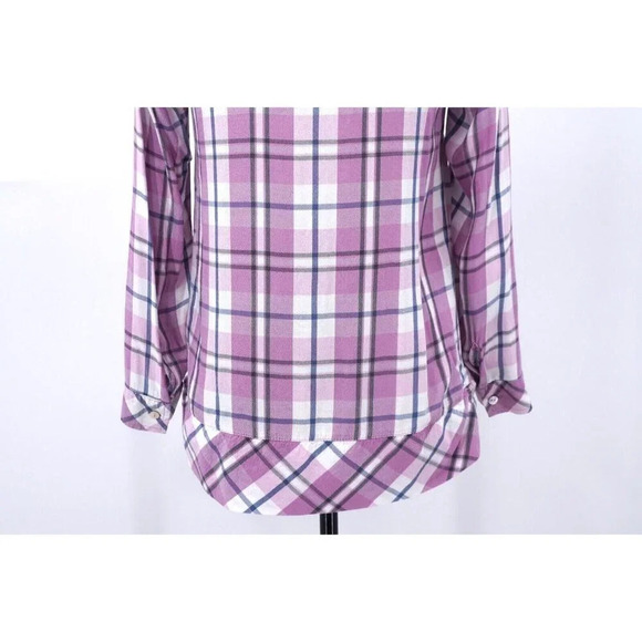J. Jill Top Women Extra Small Plaid Lavender Ruffle Hem Button Up Blouse Shirt - Picture 8 of 10